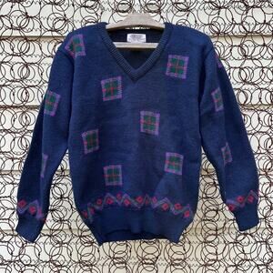Vintage Skyr wool navy blue Art Deco geometric sweater